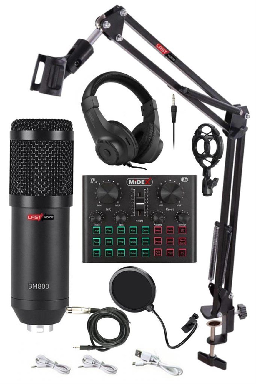 Lastvoice BM800 Live Head Set Efektli Ses Kartı Mikrofon Kulaklık Stand  Kayıt Canlı Yayın Seti