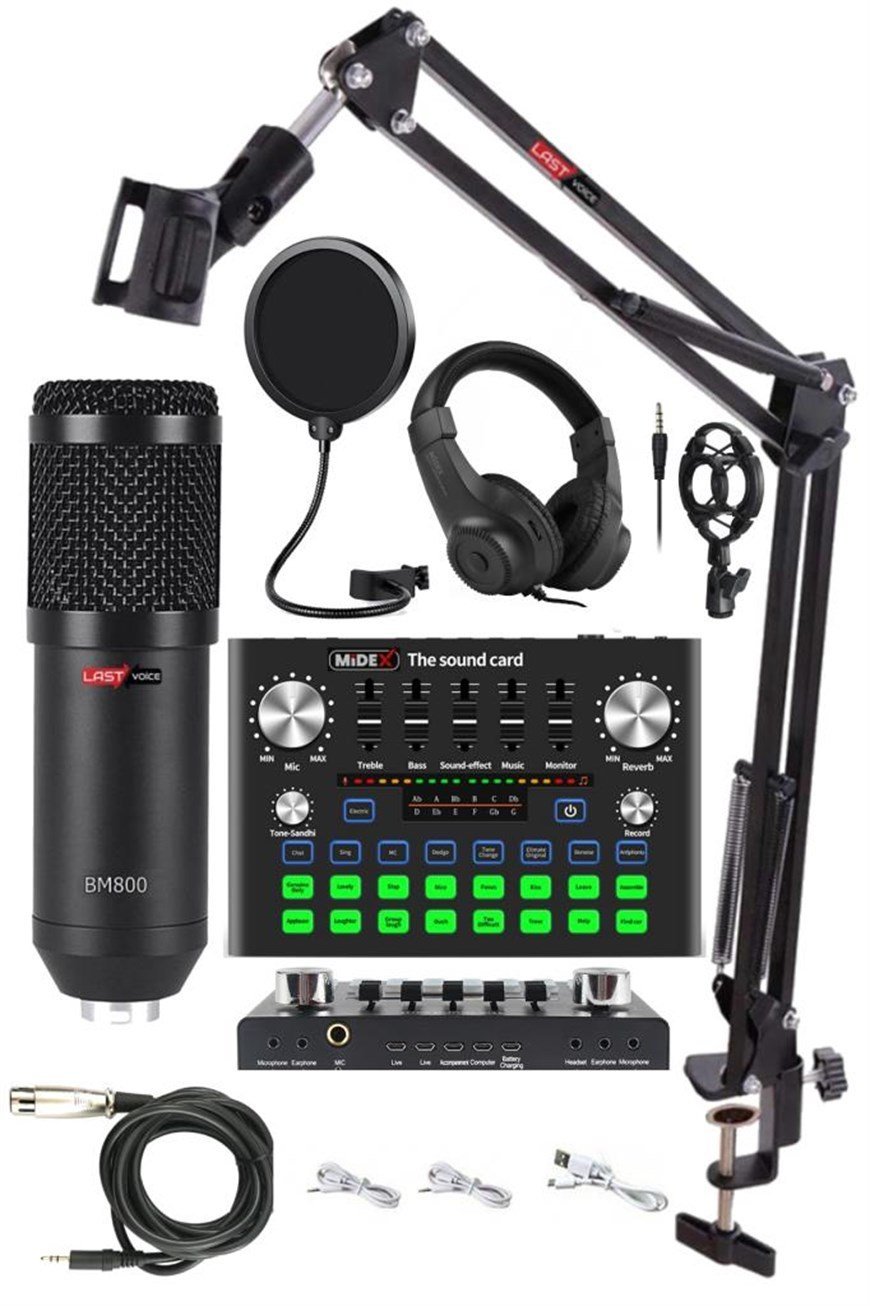 Lastvoice BM800 Live Plus Head Set Efektli Ses Kartı Mikrofon Kulaklık  Stand Kayıt Canlı Yayın (PC