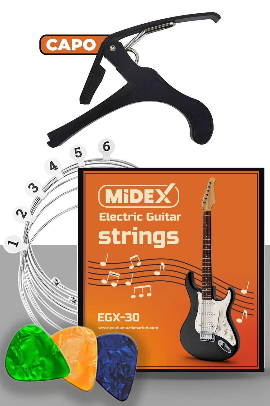 Midex EGX-30C Elektro Gitar Teli Takımı Pena ve Kapo (Capo) Seti