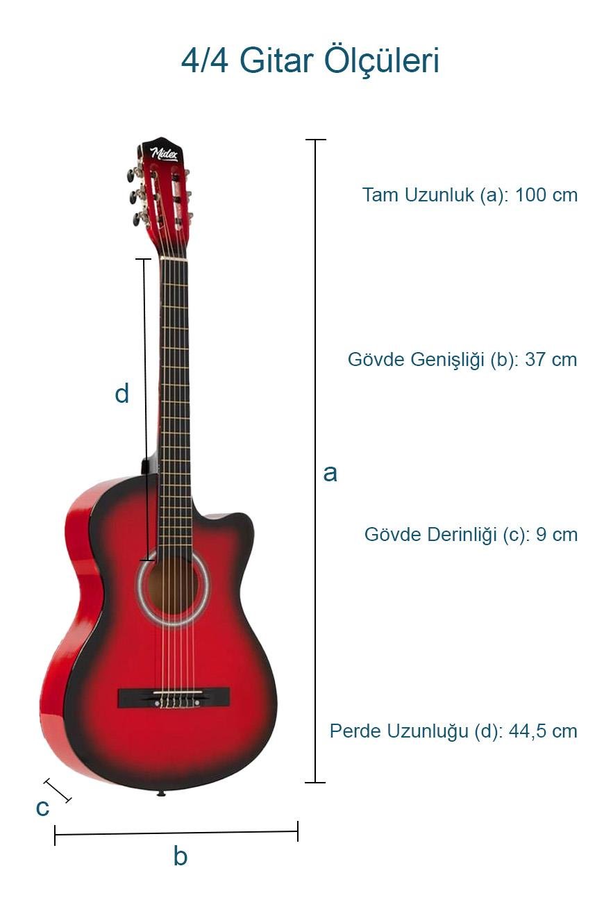 Midex CG-395RD Kırmızı Renk Kesik Klasik Gitar 4/4 Yetişkin Boy Sap Ayarlı  Full Set