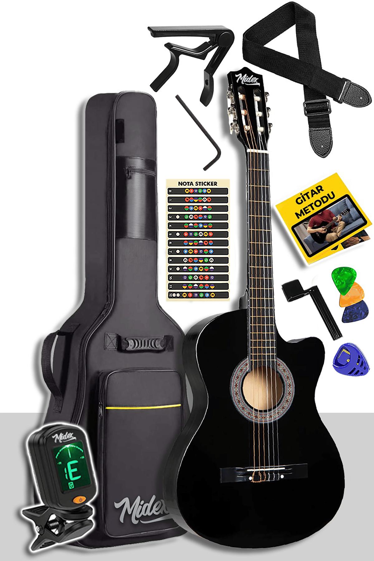 Midex CG-390BK-XBAG Siyah Klasik Gitar 4/4 Kesik Kasa Full Set