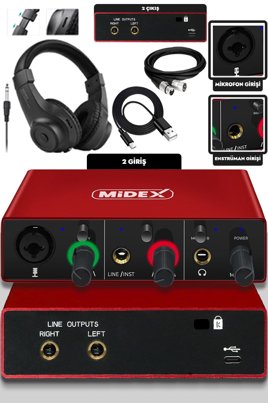 Midex GLX-500 PRO-HD 2 Giriş 2 Çıkış USB Stüdyo Ses Kartı Kulaklık ve XLR