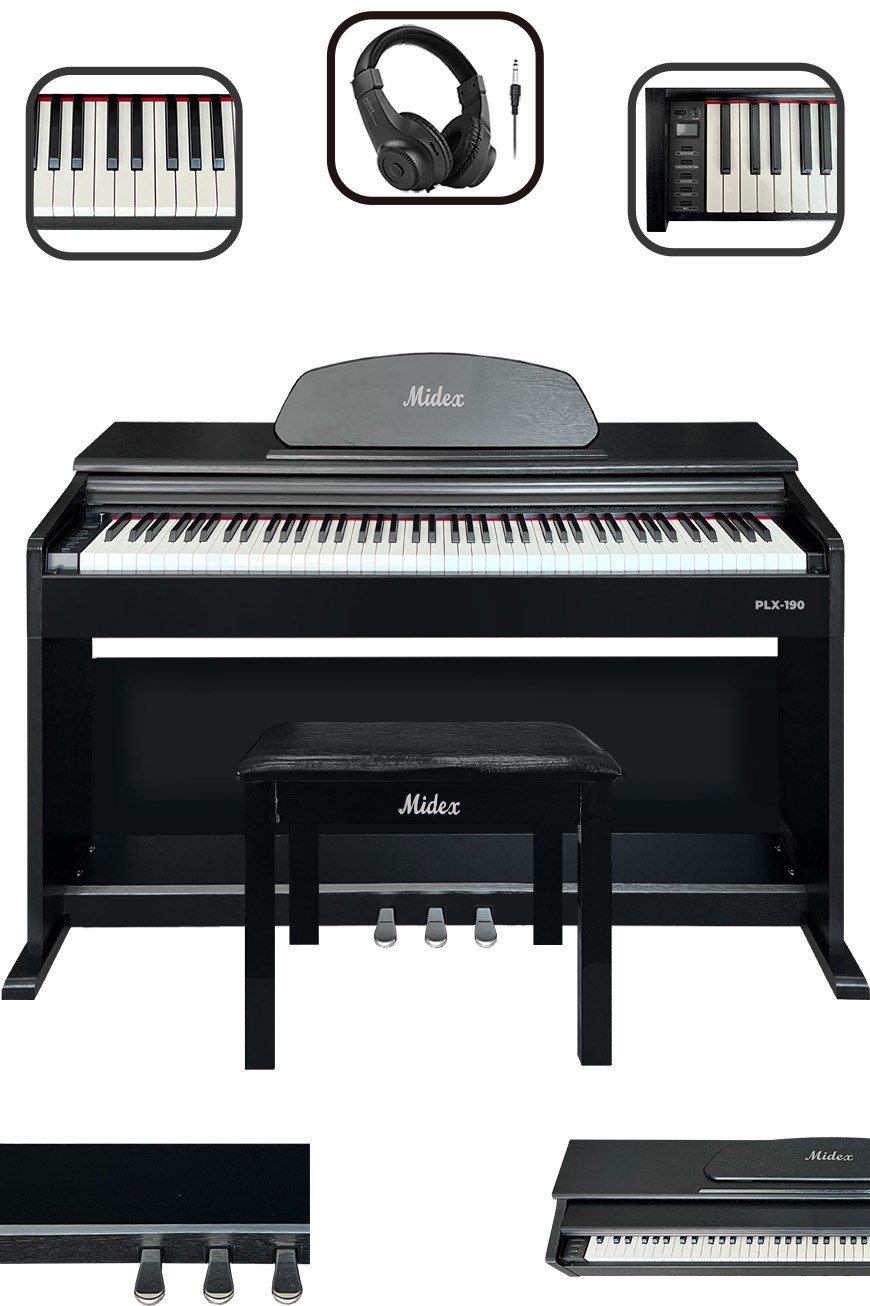 Midex PLX-190BK Dijital Piyano 88 Tuşlu Siyah Tuş Hassasiyetli Çekiç  Aksiyonlu