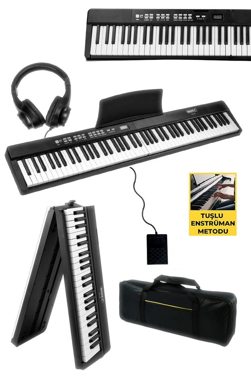 Midex PLX-80BKST Taşınabilir Katlanır Dijital Piyano Tuş Hassasiyetli 88  Tuş BT (Stand Sustain Kulaklık Çanta