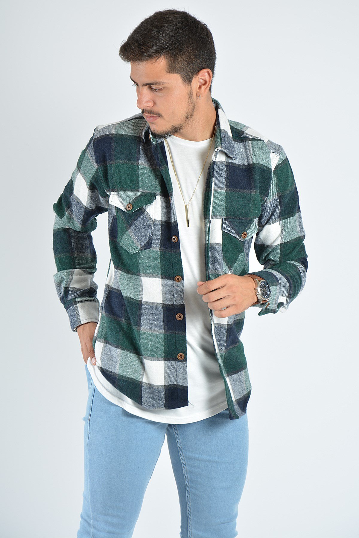 Erkek Kareli Oduncu Gömleği 20K-4300551 Yeşil | Terapi Giyim