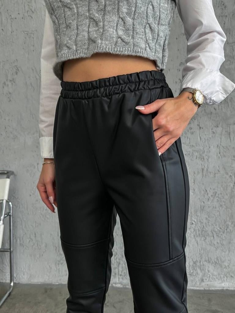 Siyah Dikiş Detaylı Mat Deri Pantolon
