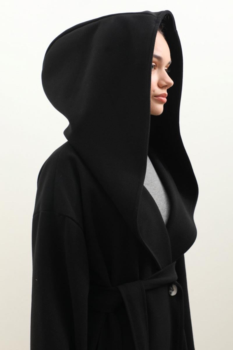 Hooded Shawl Collar Coat Black - Wholesale