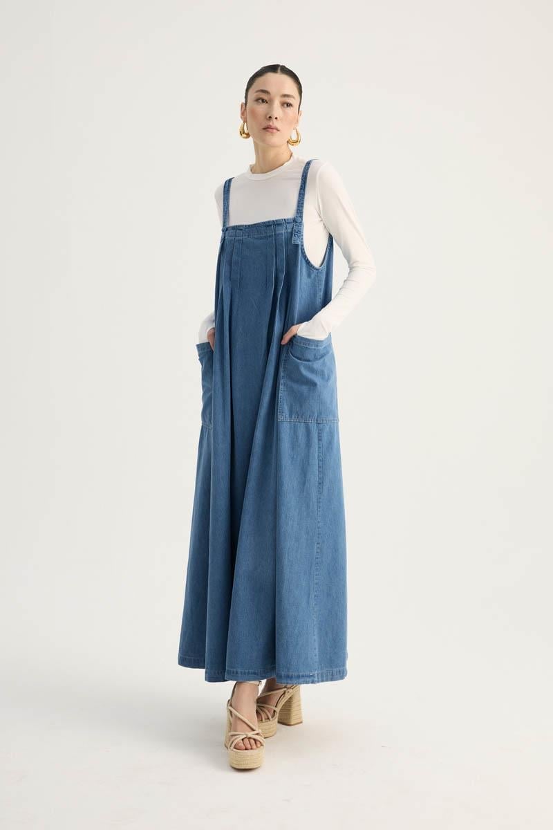 Blue Denim Pinafore Dress with Patch Pockets - Wholesale Blue Denim Pinafore Dress with Patch Pockets - Wholesale
