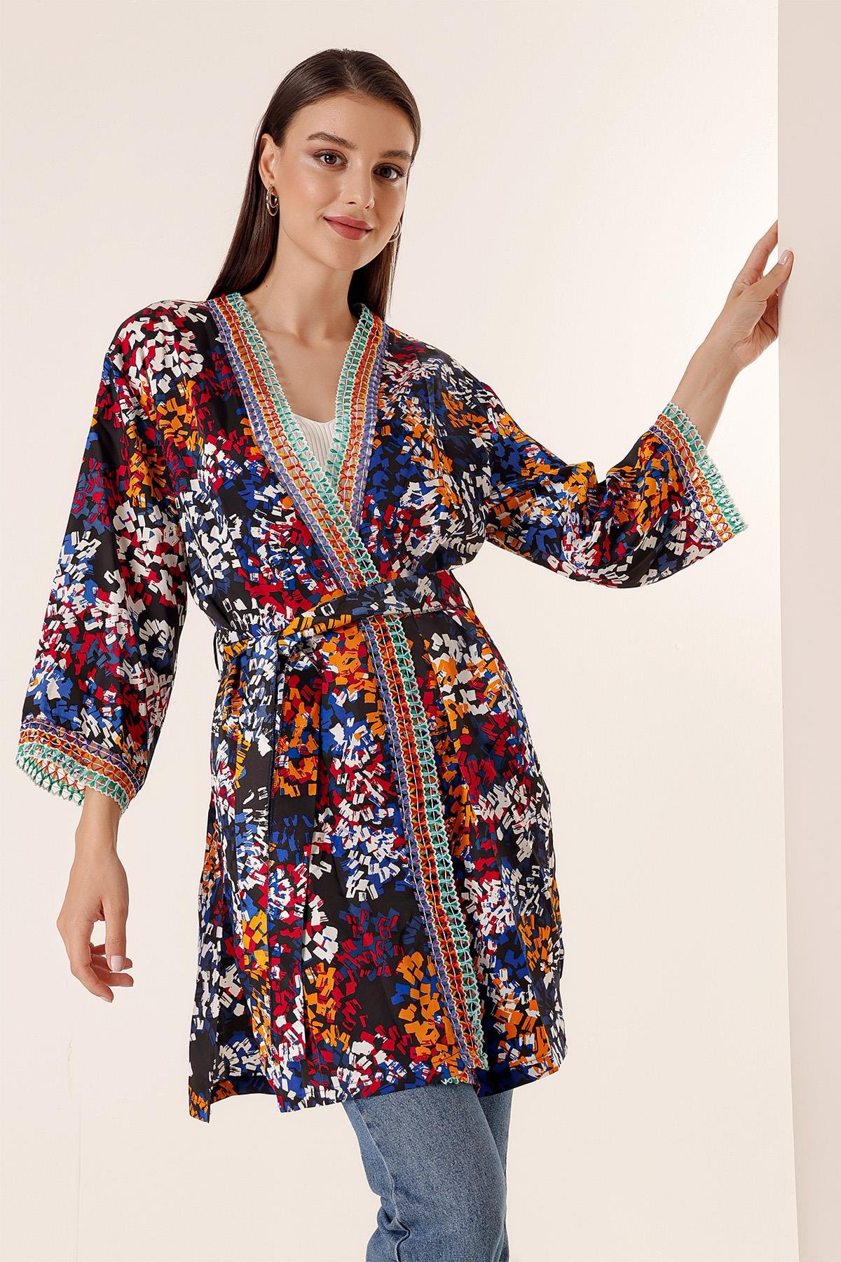 Karışık Desenli Saten Uzun Kimono Ceket