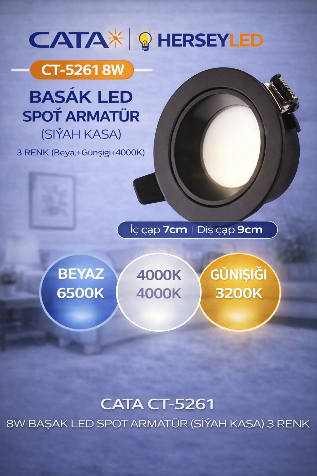 CATA CT-5261 8W Başak LED Armatür – Siyah Kasa, 3 Renk Modu