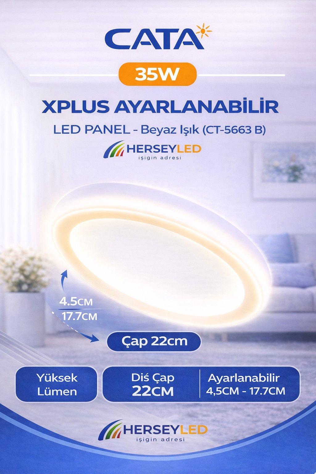 Cata 35W Xplus Ayarlanabilir LED Panel | 6500K Beyaz Işık | 3200