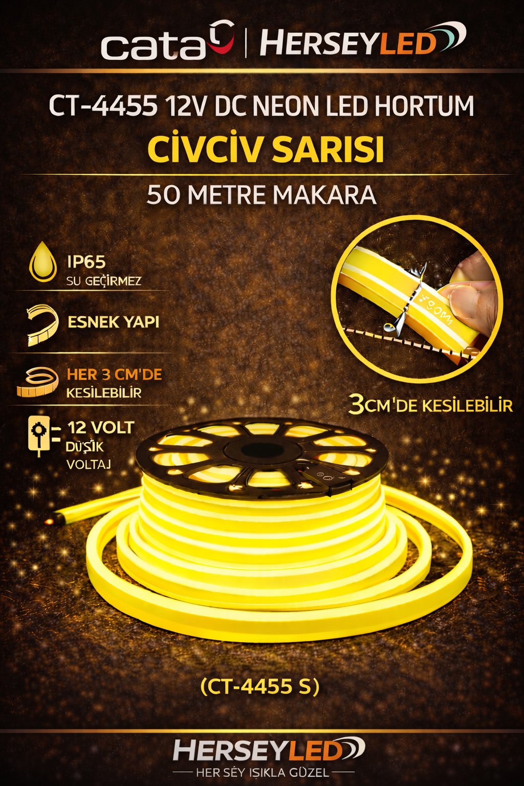 CATA CT-4455 12V Civciv Sarısı Neon LED Hortum | 50 Metre Makara