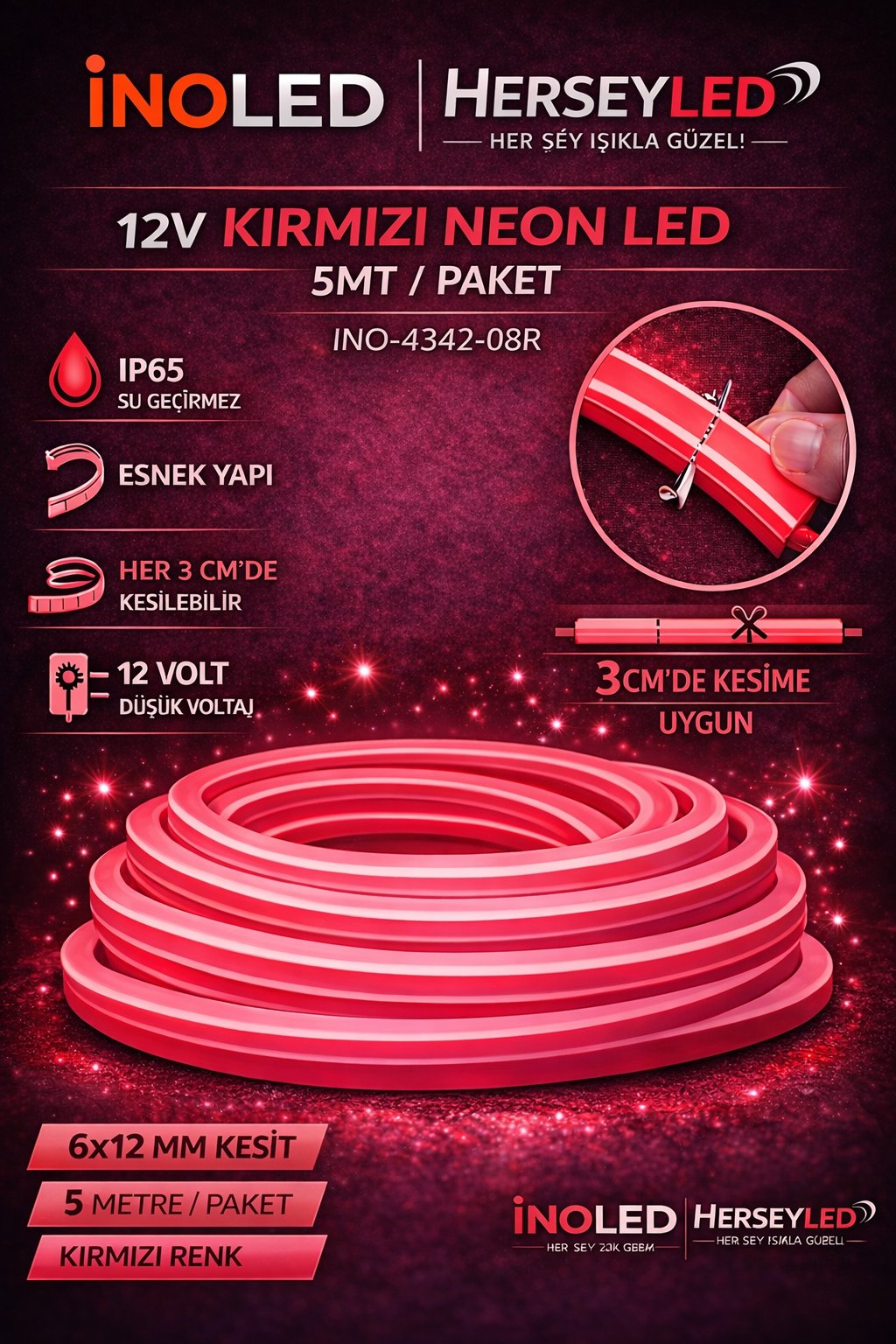 İNOLED 12V Kırmızı Neon LED Hortum | 5 Metre | 6x12mm Esnek