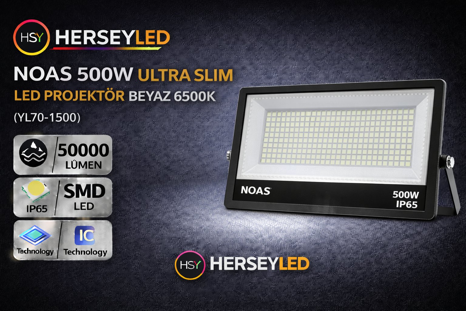 NOAS YL70-1500 500W Beyaz Ultra Slim LED Projektör | 6500K – Güçlü
