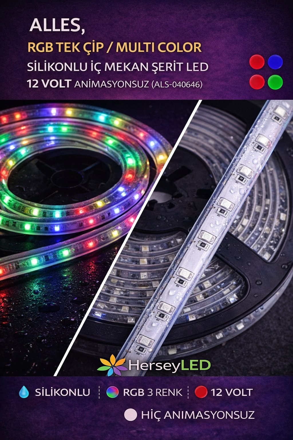RGB Tek Çip Multi Color Şerit LED – 12V, Dış Mekan, Suya Dayanıklı