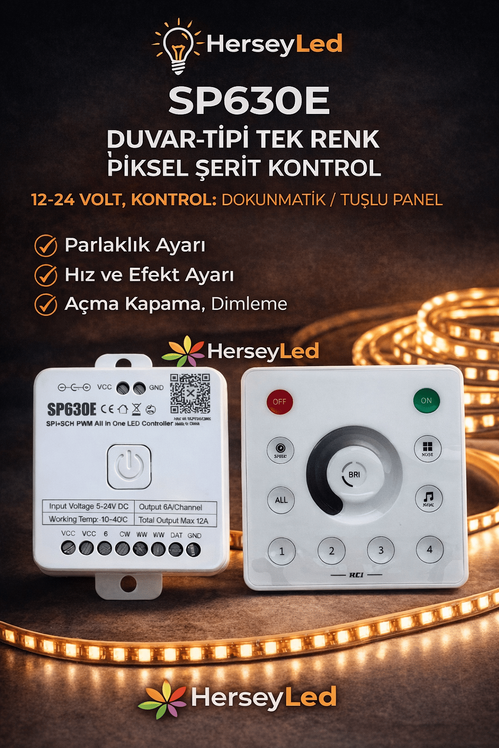 SP630E Duvar Tipi Tek Renk Pixel Şerit Kontrol | 12–24V LED Kontrolcü