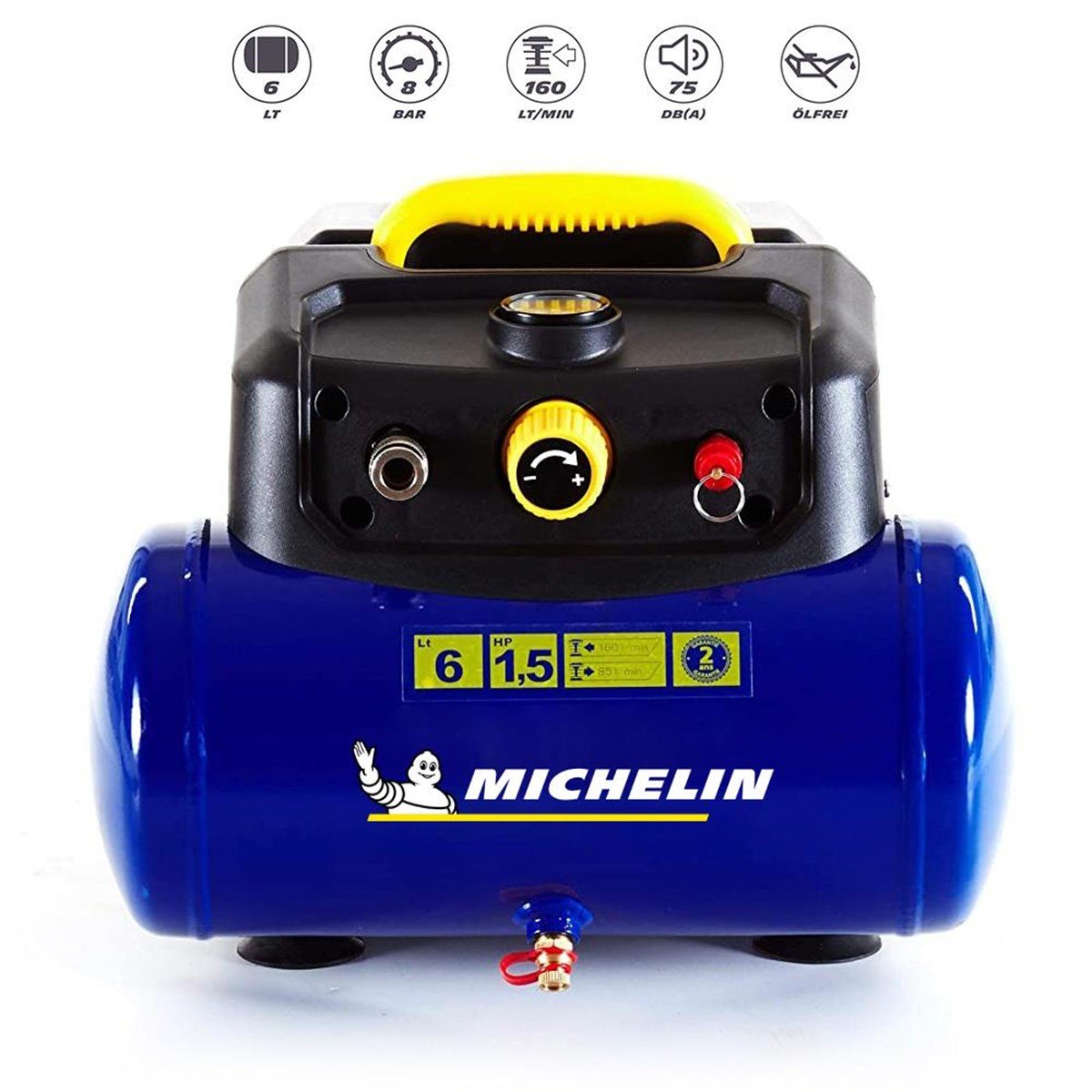 Michelin MBL6V2 1.5HP 6Lt 8Bar Yağsız Hava Kompresörü + 5M Hava Hortumu +  Lastik Şişirme