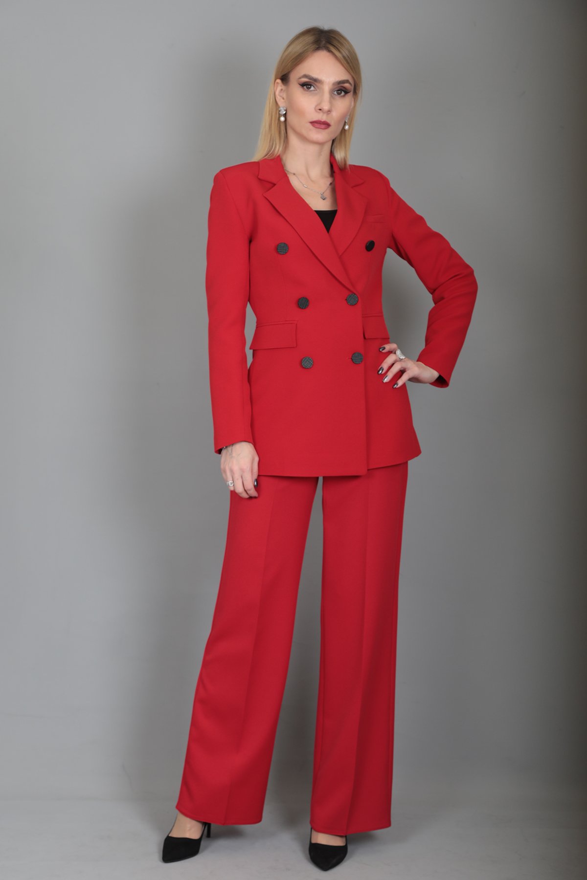 Blazer Ceket & Bol Paça Pantolon Takım-Kırmızı - Önder Özsoy | Ofis Giyim |  Yeni Sezon
