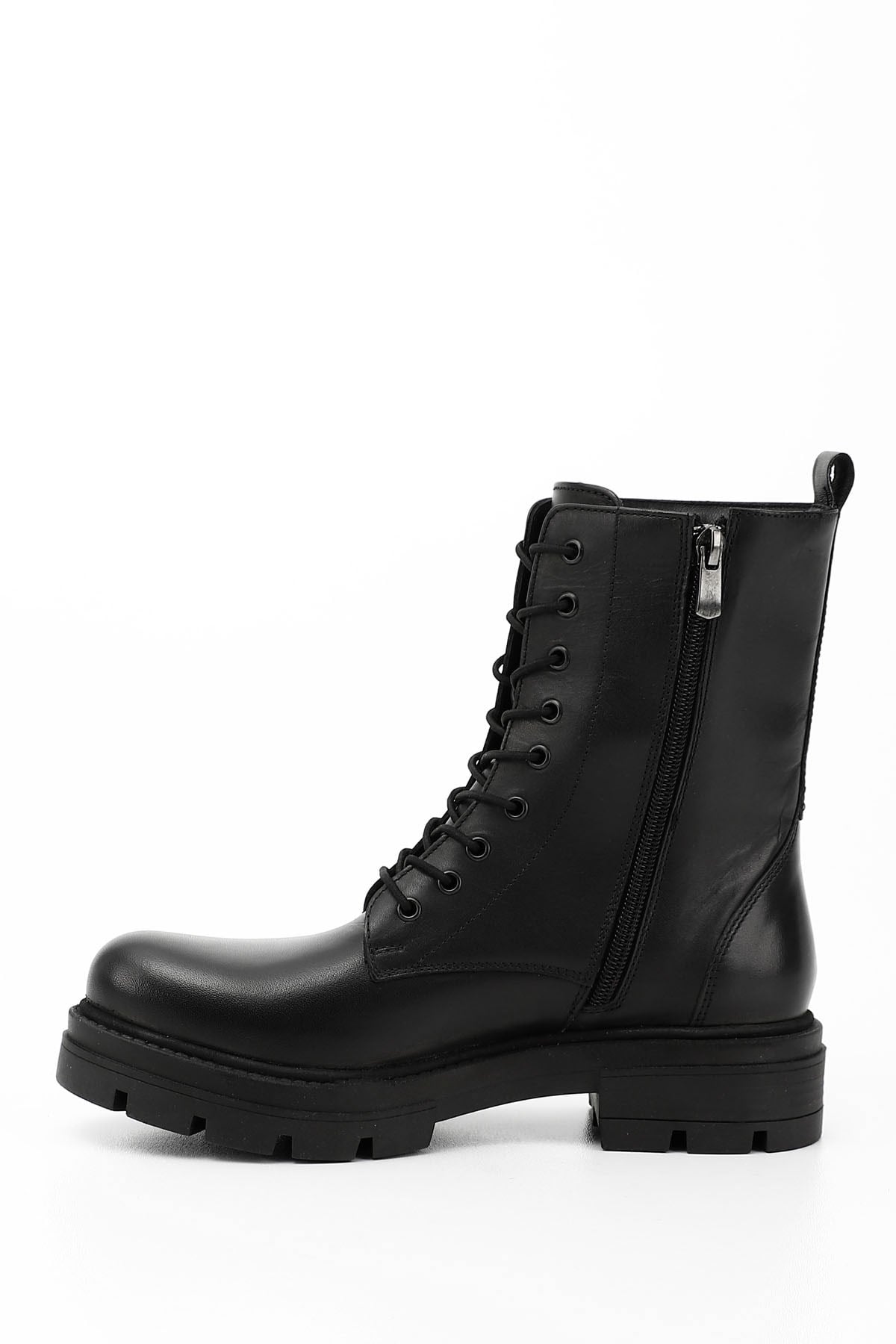 Women's Black Genuine Leather Zippered Combat Boots