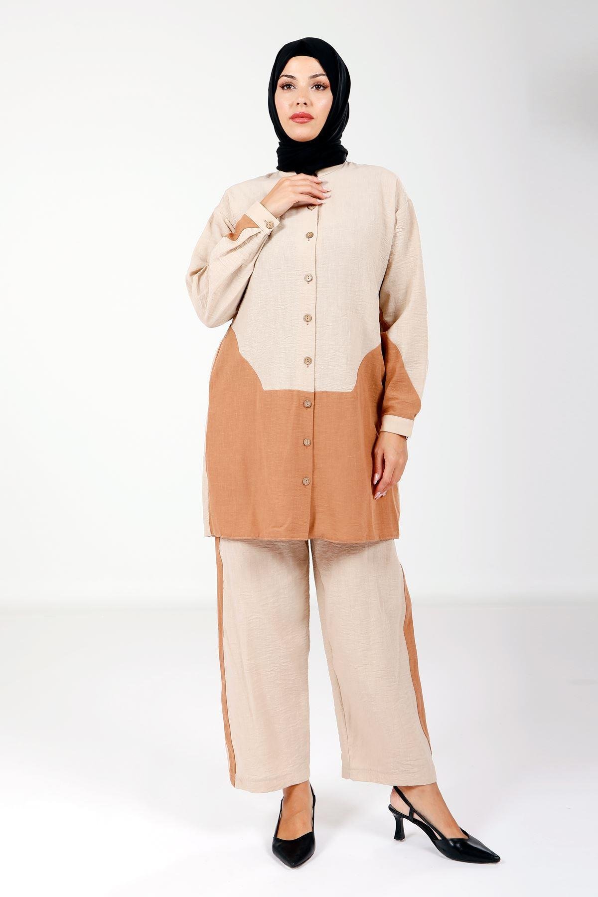 4111 İKİLİ TAKIM TUNİK PANT TAŞ