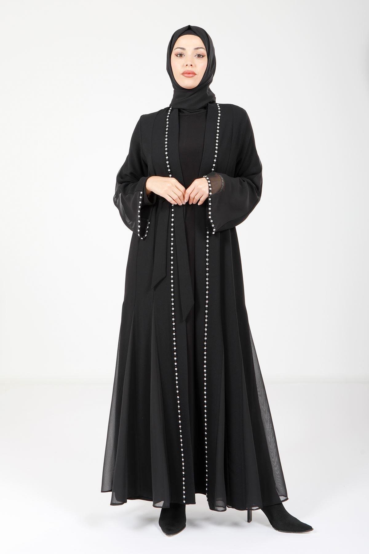 Beyza-Beyza Taşlı Tül Detaylı Siyah Abaya 3990