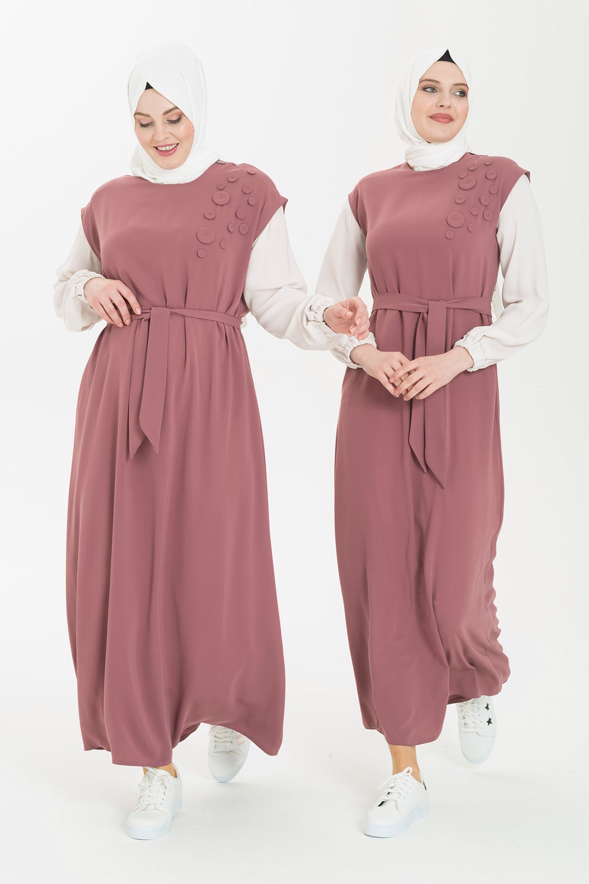 Robe Hijab Rose Sechee Ecru Detail Boutons 5235