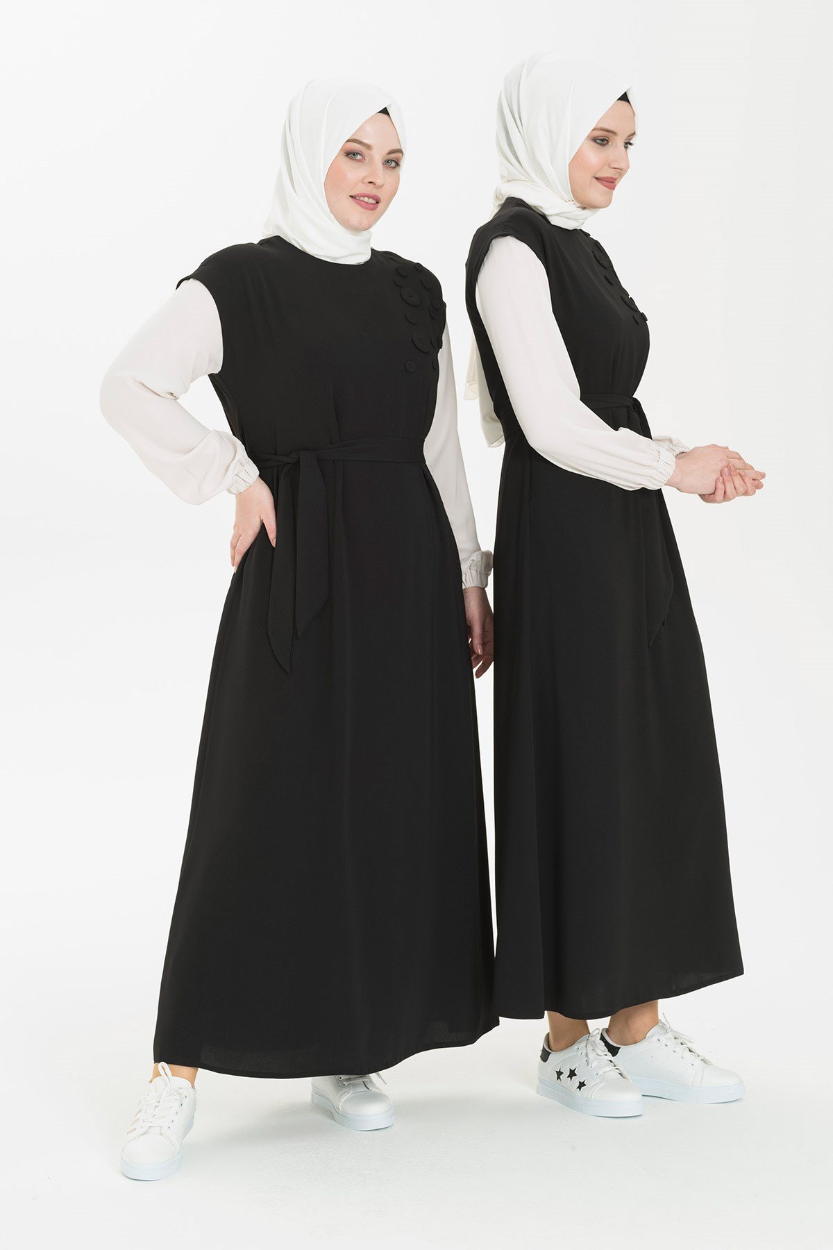 Button Detailed Black - Ecru Hijab Dress 5235