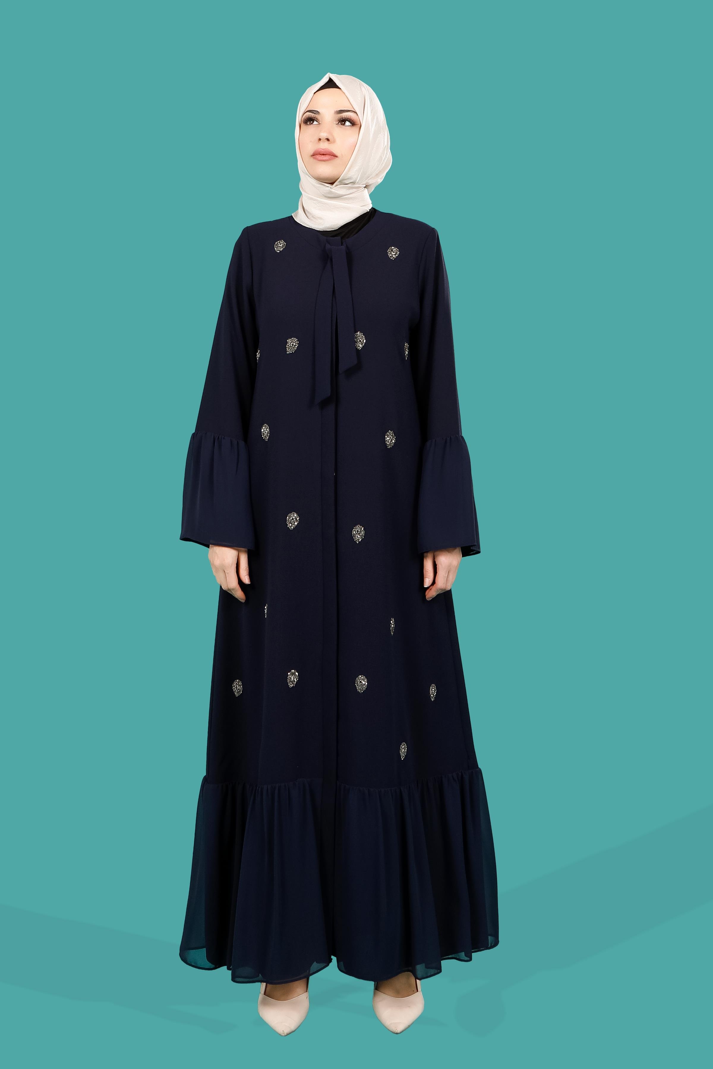 Beyza Taşlı Yakası Bağlamalı Şifon Detaylı Lacivert Ferace 3007