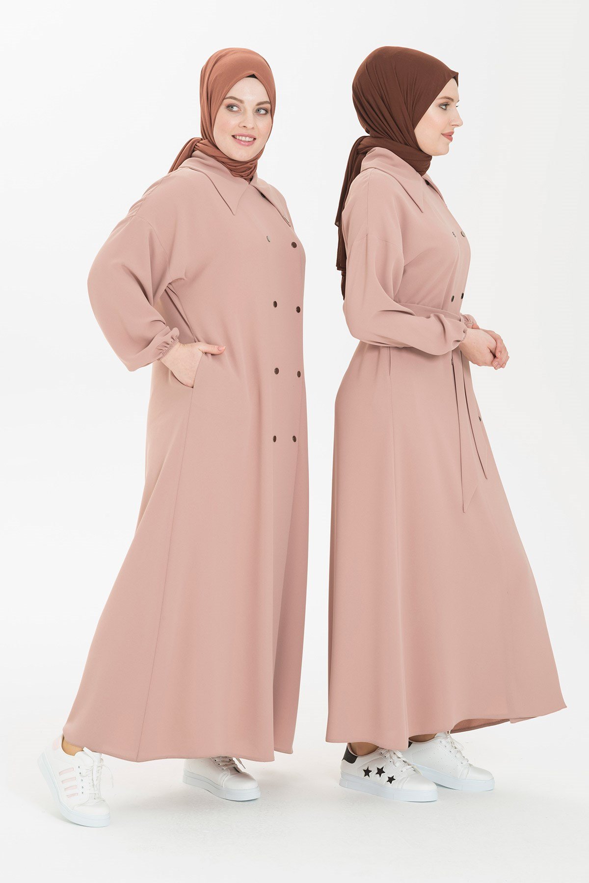 Comfortable and functional, unlined beige abaya with snaps on the