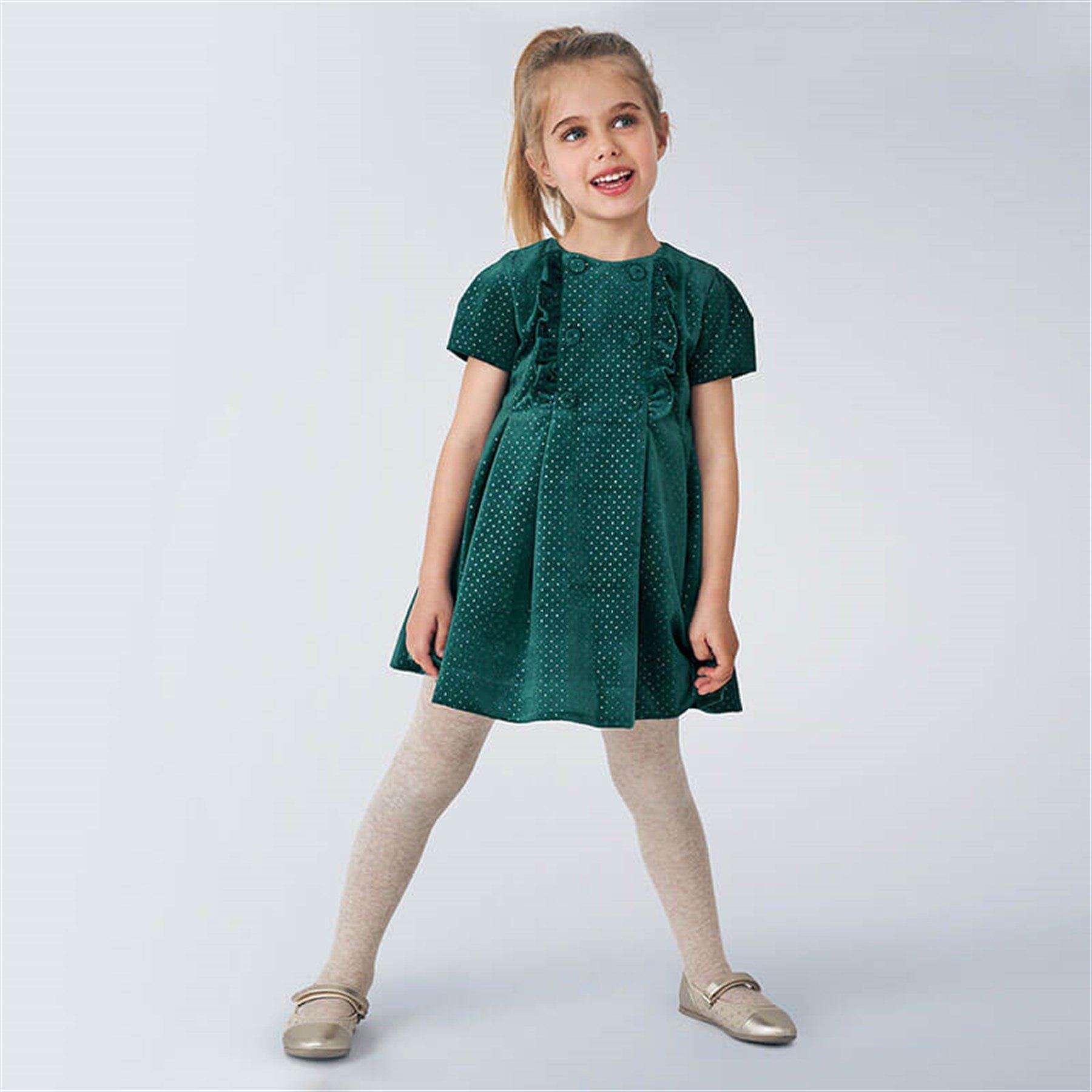 3-9 Yaş Mayoral Kız Çocuk Simli Yeşil Kadife Elbise - Cslkids