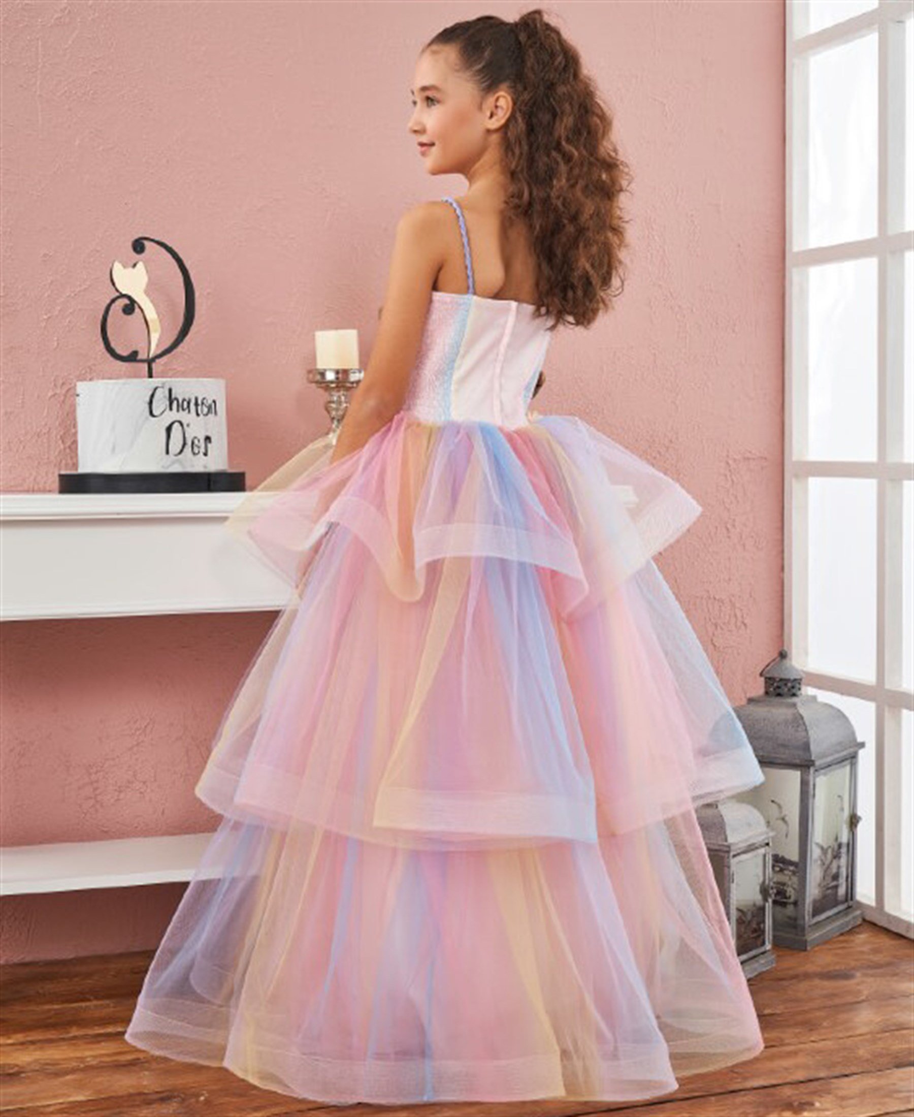 6-10 Yaş Kız Çocuk Renkli Prenses Abiye Elbise PEMBE PEMBE PEMBE | CSLKids
