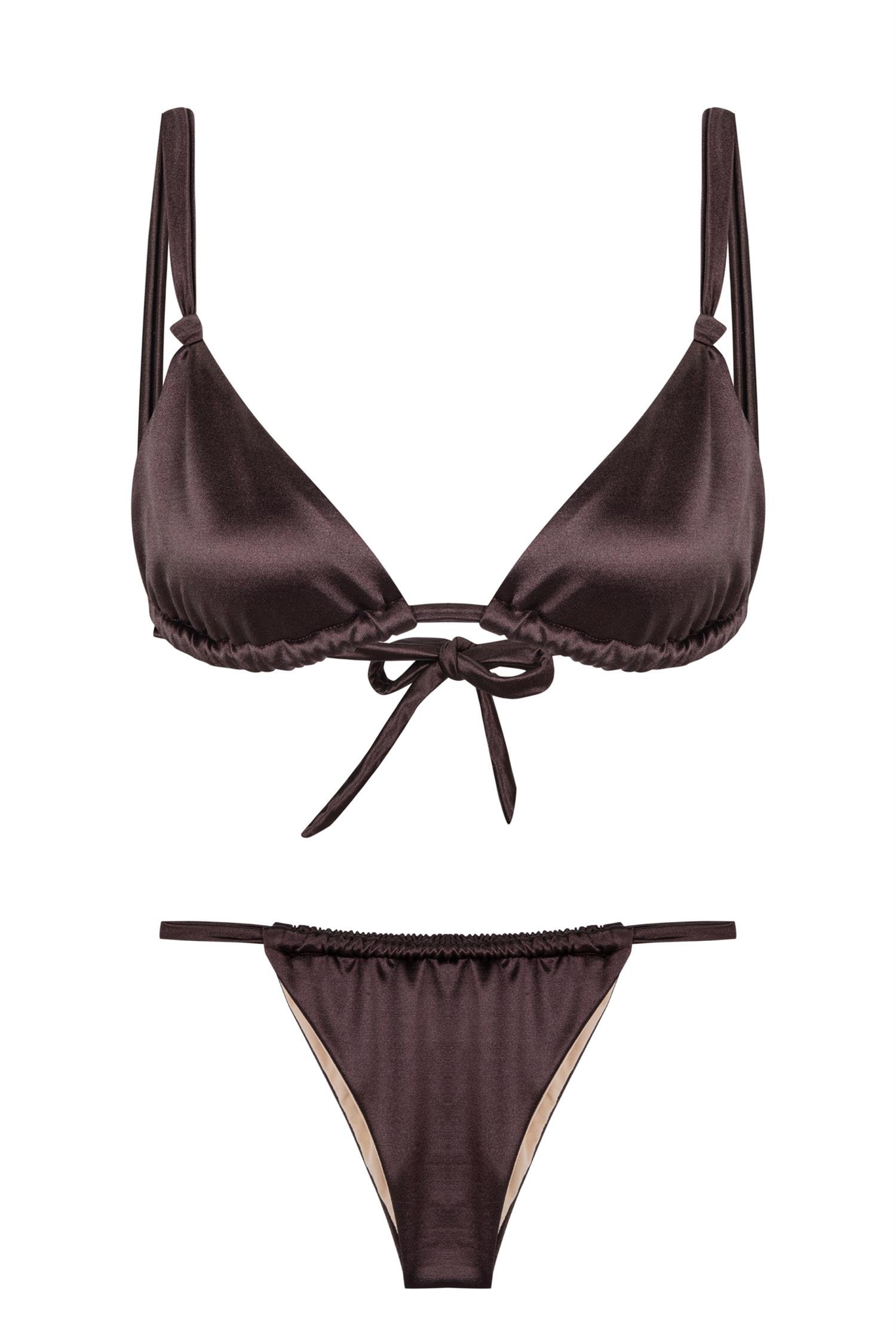 Kahverengi Saten Düğüm Detaylı Üçgen Bikini Takım