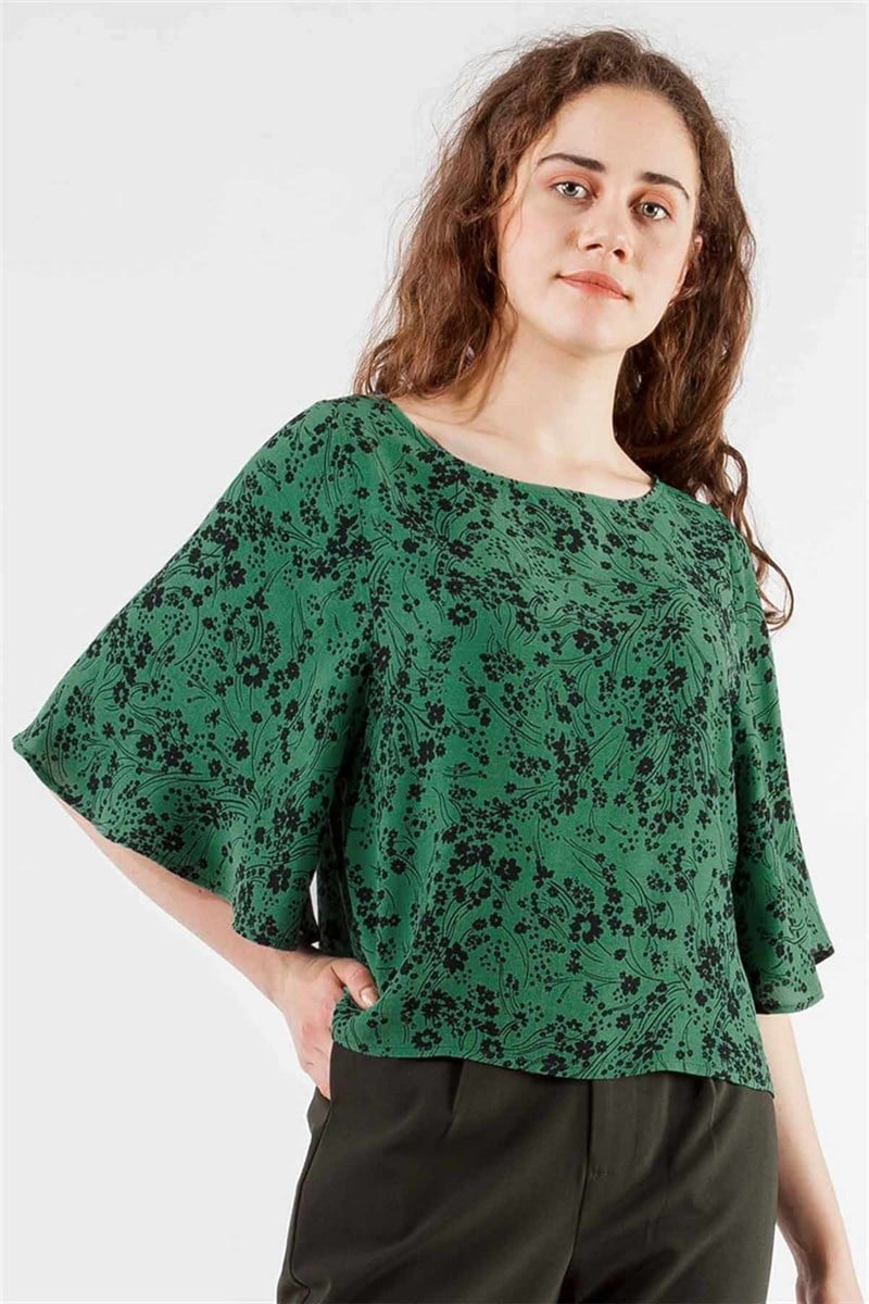 Kolları Volanlı Bluz - Yeşil Çiçekli Modeli | Streetbox