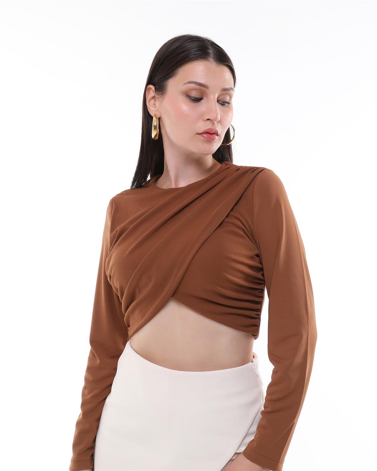 Zara Model Uzun Kollu Drapeli Crop Bluz