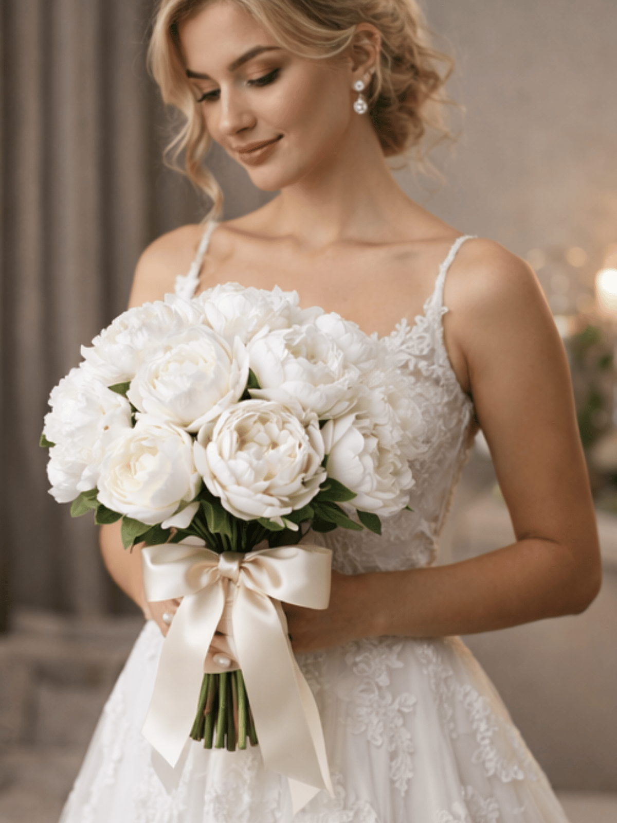 Royal Beyaz Şakayık Gelin El Buketi – Ultra Premium Real Touch
