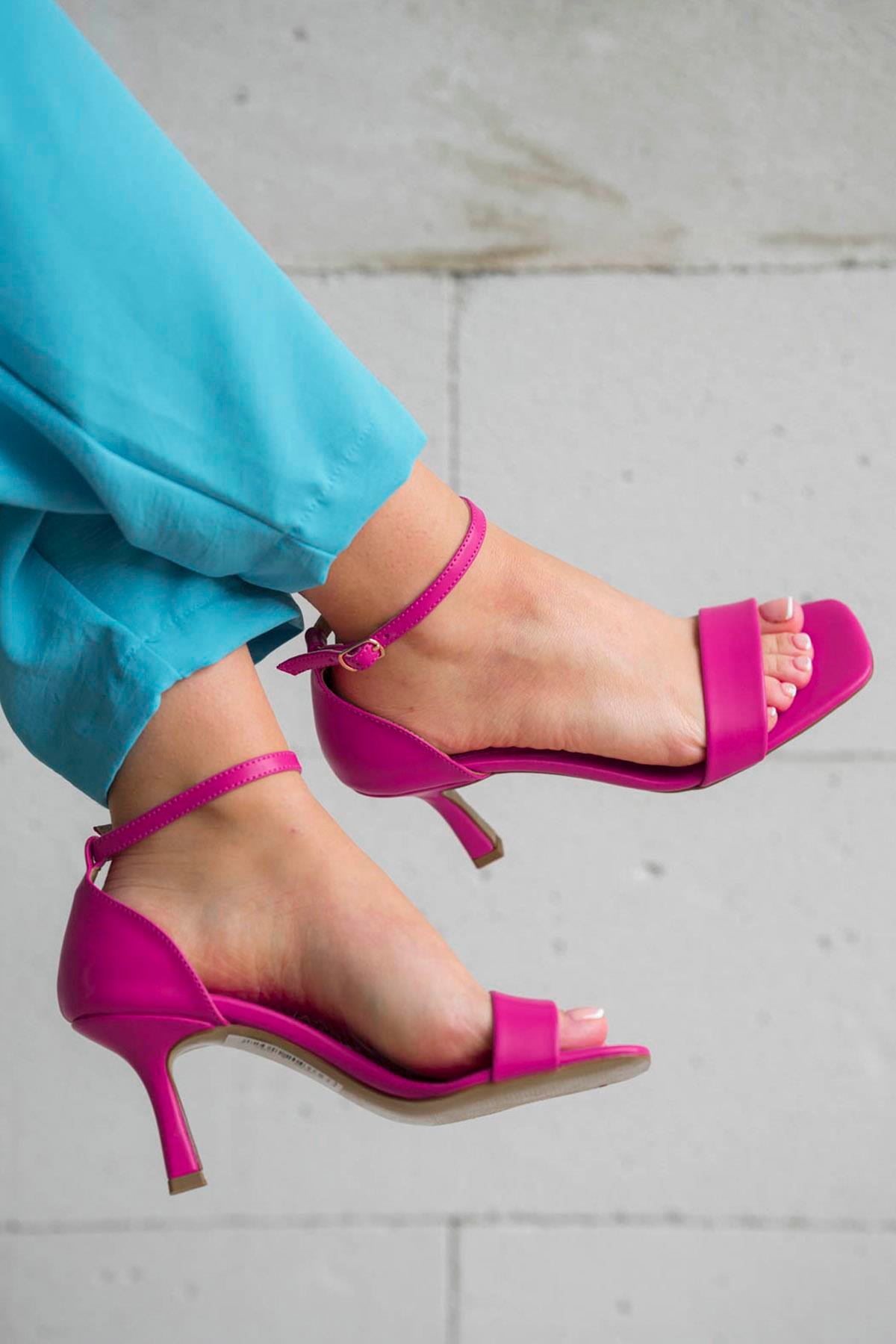 Lesley İnce Bantlı Kadın Deri Topuklu Ayakkabı Fuşya | Pabuchh.com