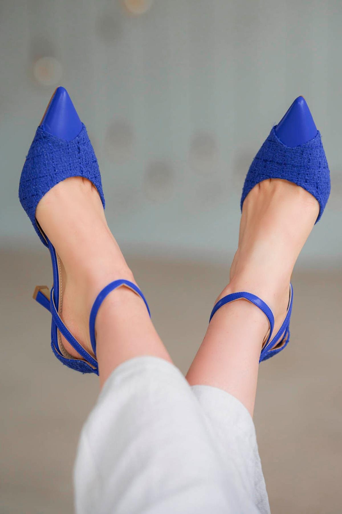 Levna Bilek Bantlı Kadın Kumaş Topuklu Ayakkabı Saks Mavi