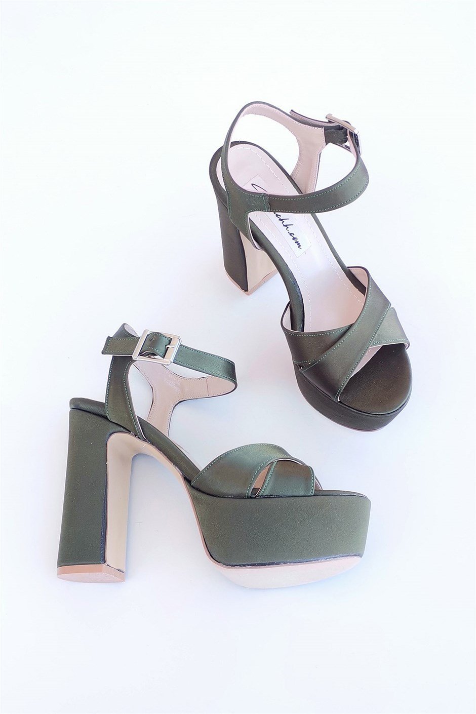Rosa Kadın Saten Çapraz Bantlı Platform Topuklu Ayakkabı Yeşil | Pabuchh.com