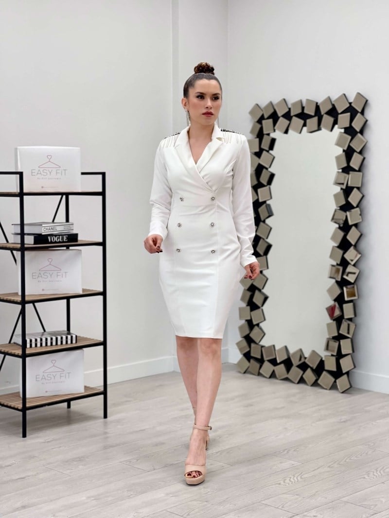 Atlas Fabric Shoulder Tasseled Jacket Dress - White | Giyim Masalı