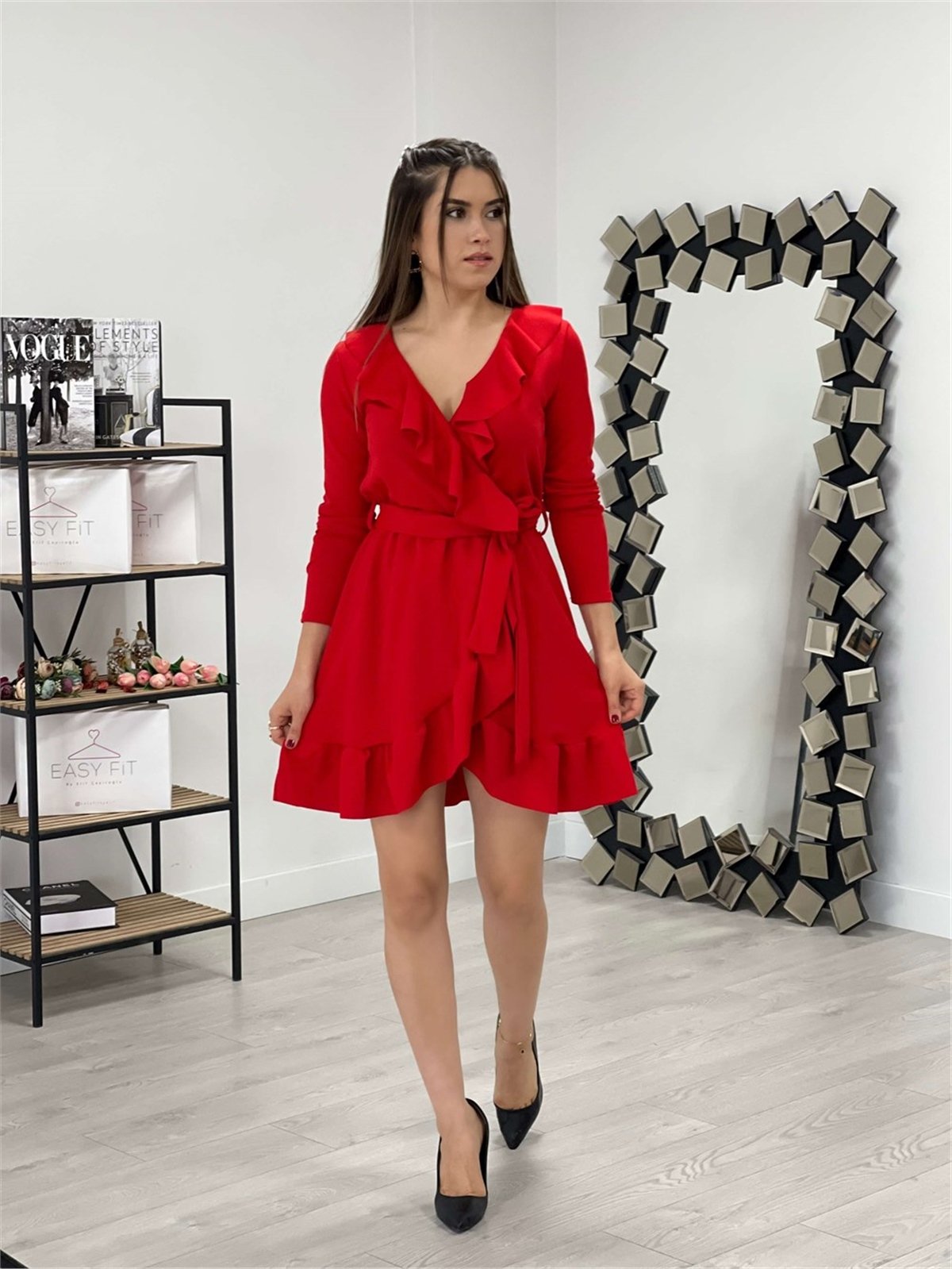 فستان قصير مكشكش من قماش الكريب - أحمر | Giyim Masalı