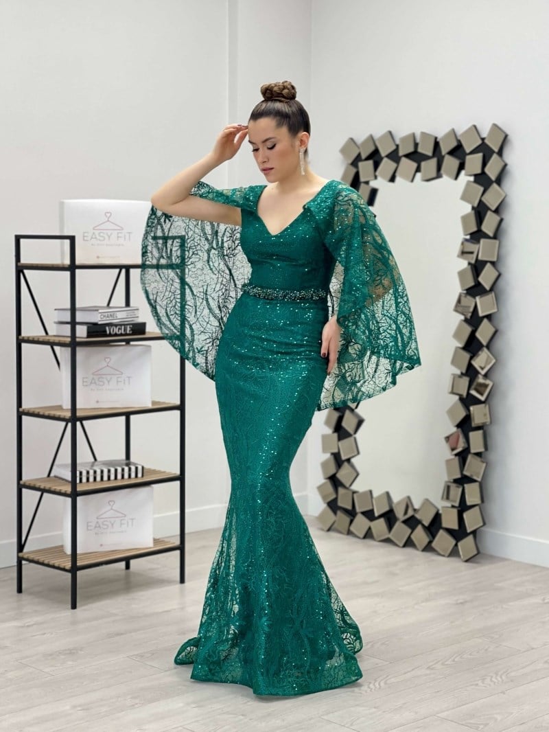 فستان الدانتيل الترتر شكل سمكة - الزمرد الأخضر | Giyim Masalı