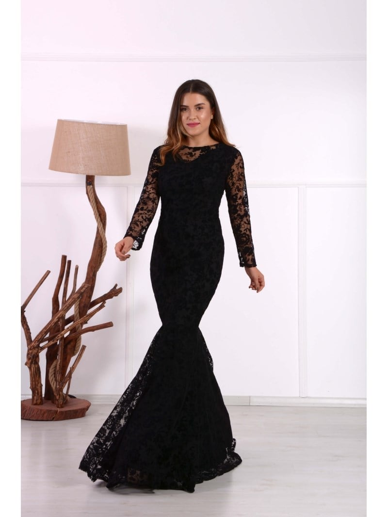 فستان دانتيل بتصميم ذيل سمكة - أسود | Giyim Masalı