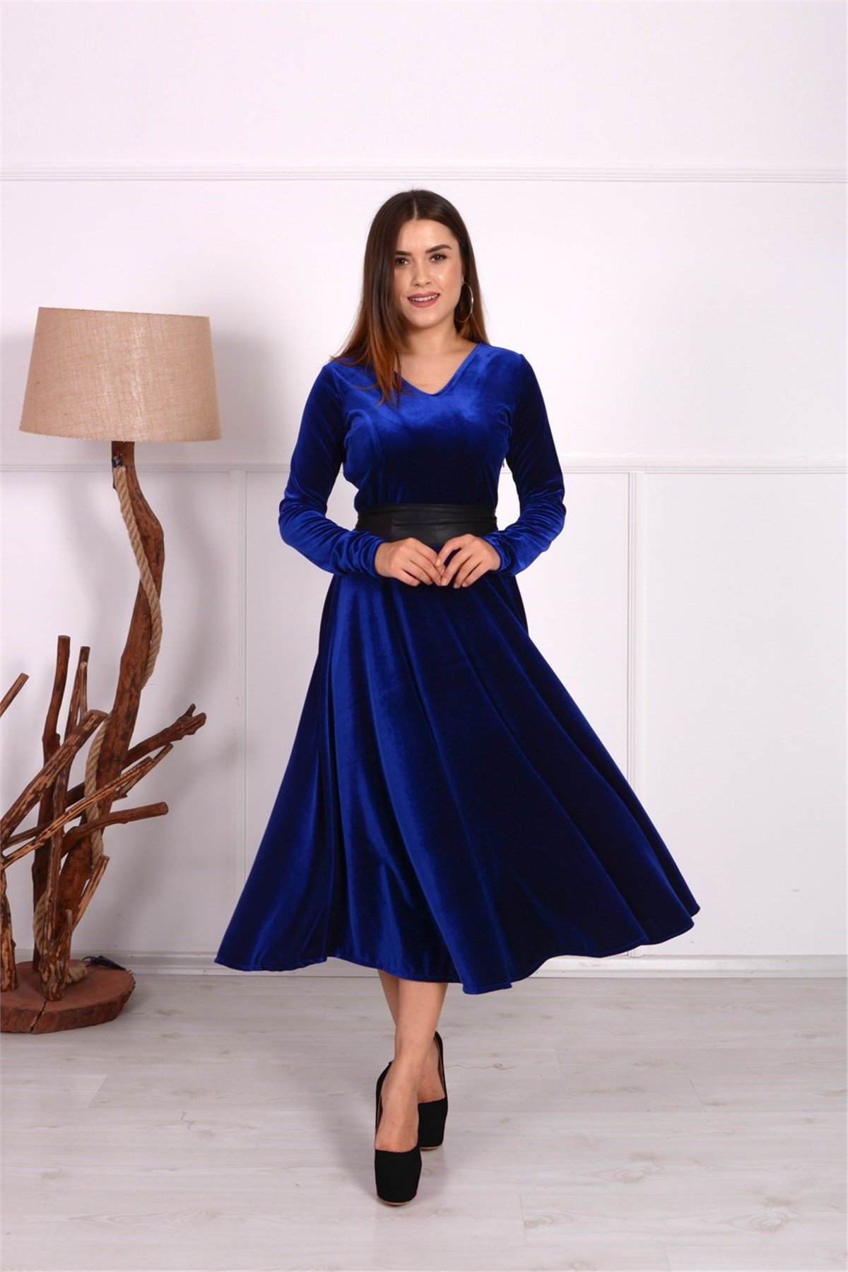 Kadife Midi Tasarım Büyük Beden Elbise - Saks Mavi - Giyim Masalı