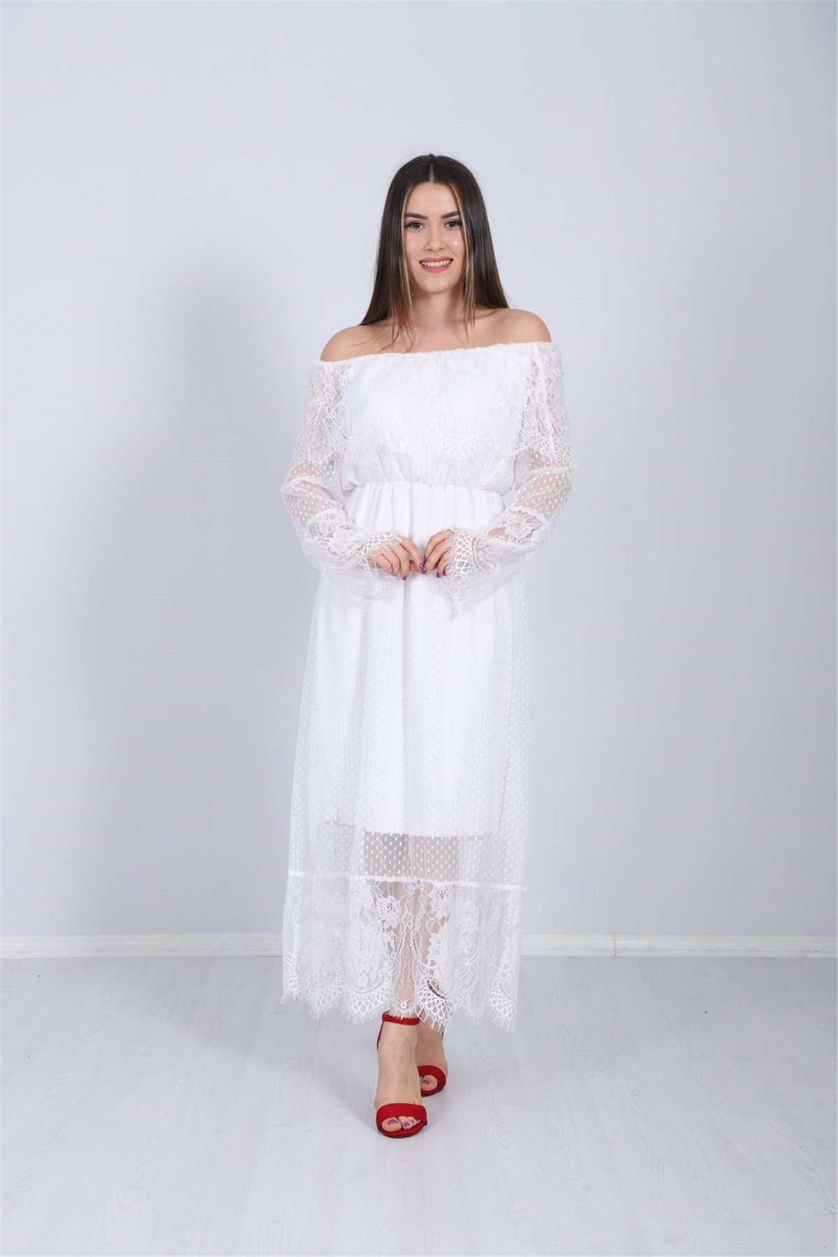 Puantiye Tül Dantel Tasarım Elbise - Beyaz - Giyim Masalı