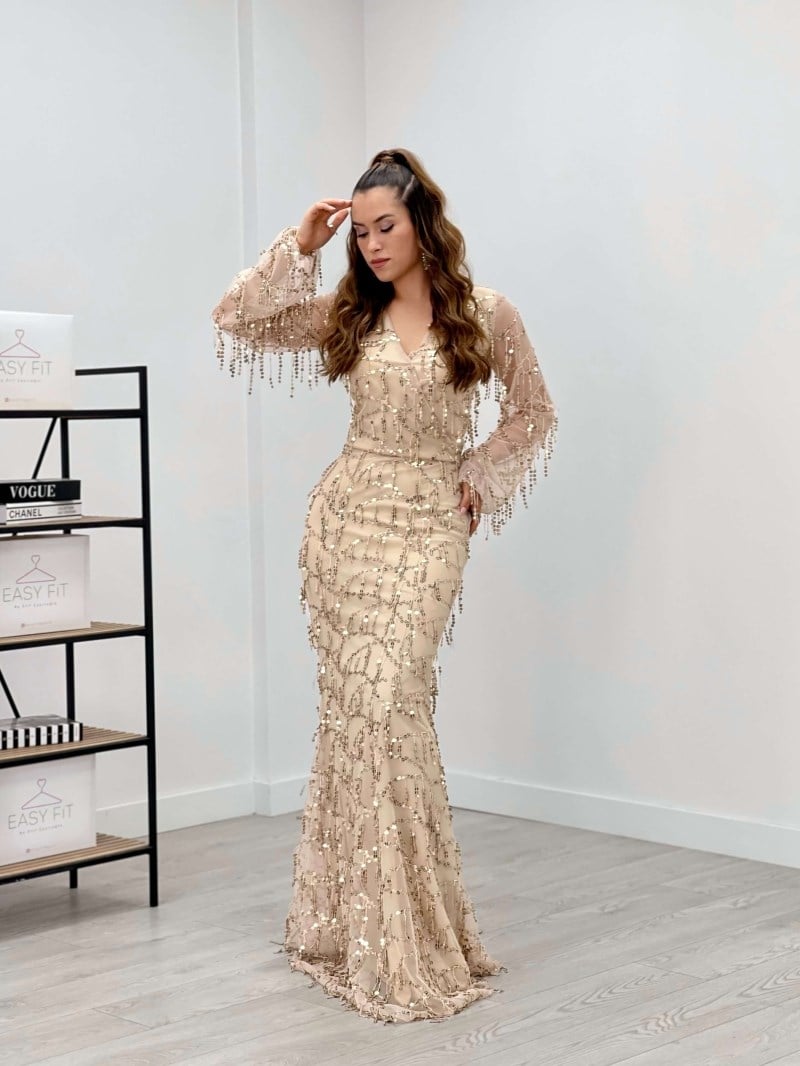Pul Saçaklı Tasarım Elbise - GOLD | Giyim Masalı