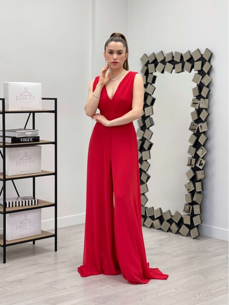 فستان بذلة شيفون من قماش الكريب - أحمر | Giyim Masalı