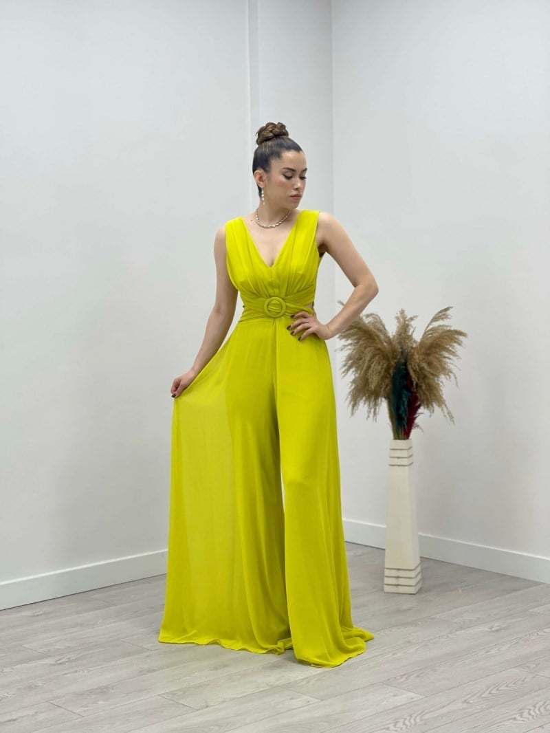 فستان بذلة شيفون من قماش الكريب - الأصفر | Giyim Masalı