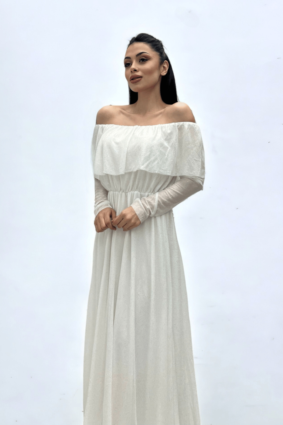 Tül Üzeri Simli Abiye Elbise - Beyaz - Giyim Masalı