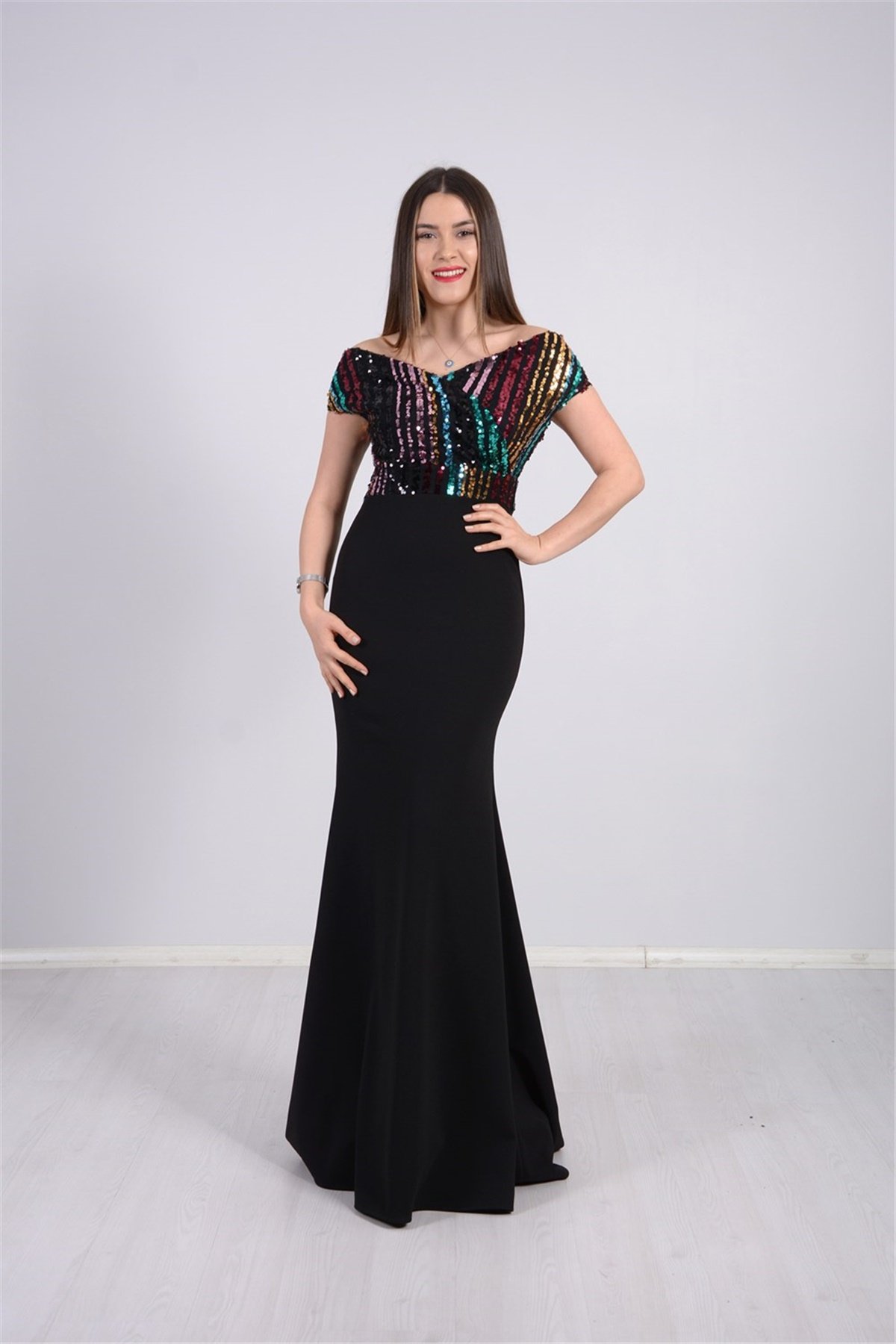 Top Spangle Bottom Crepe Mermaid Evening Dress - Black | Giyim Masalı