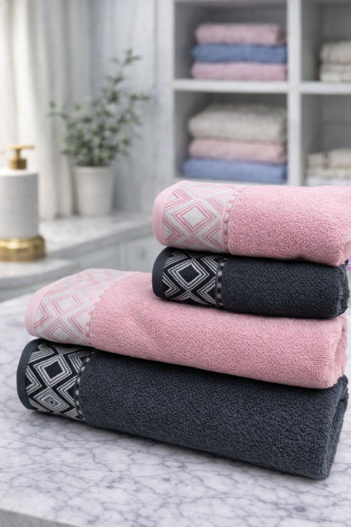 SweetOlive品 Özdilek Snazzy Best Set Hamam Takımı Antrasit-Pembe | Şık Havlu Seti
